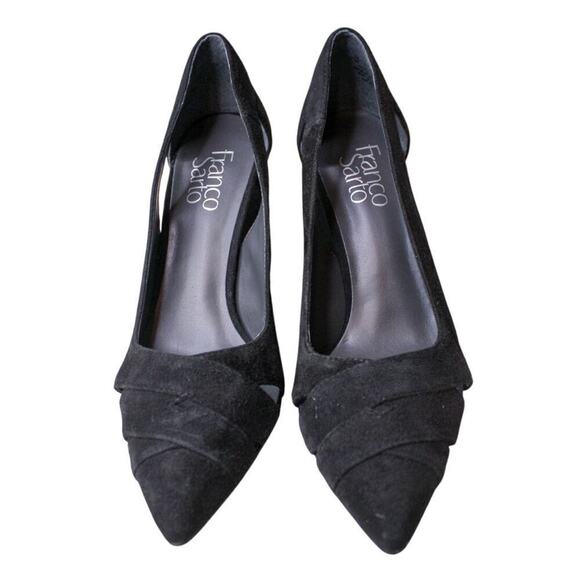 Franco Sarto Patina Black Suede Chunky Heel Pumps Pointed Toe Cut Out - Picture 3 of 5